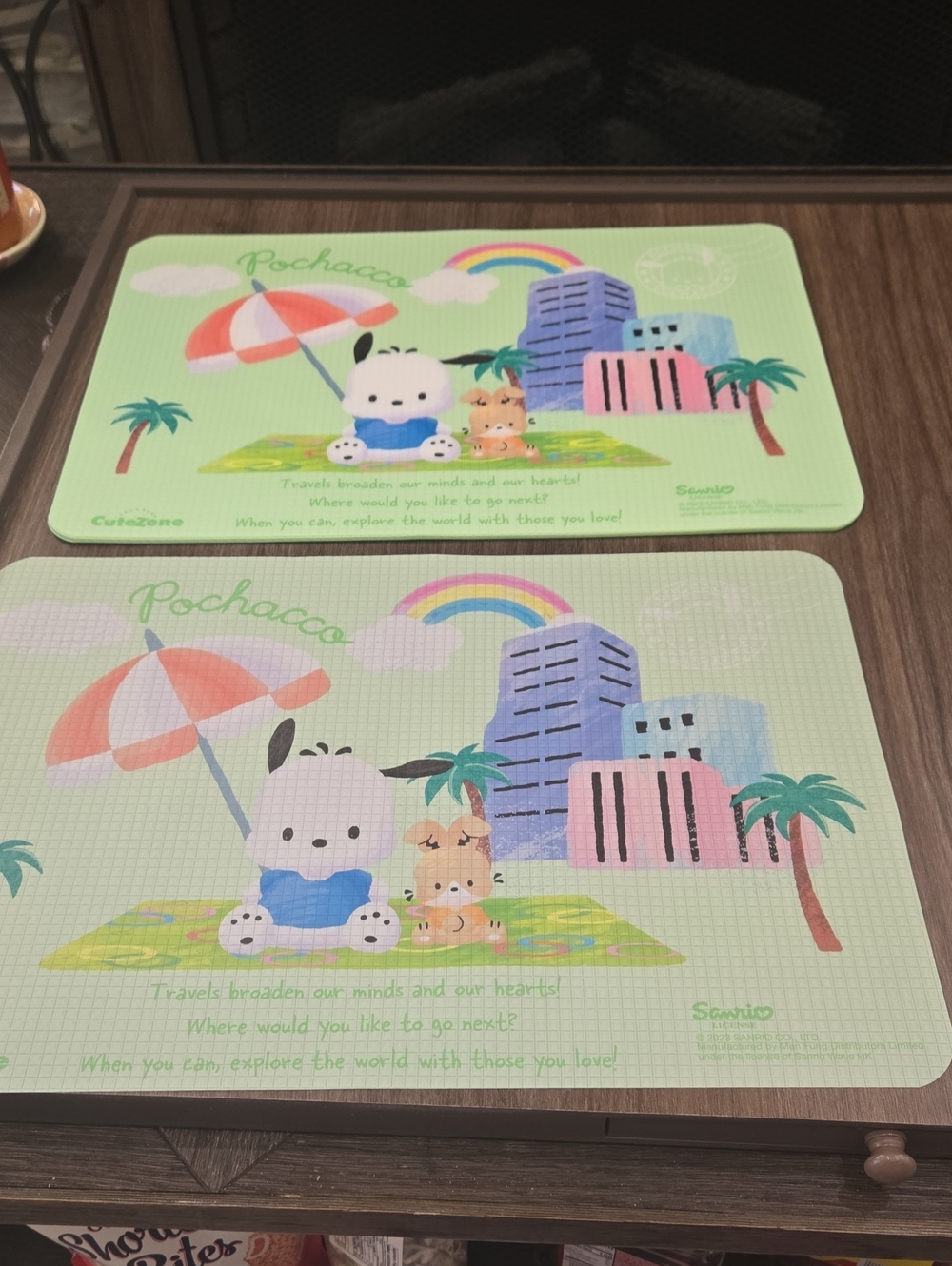 Sanrio Pochacco Green Placemat Duo with Rainbow & Umbrella Design